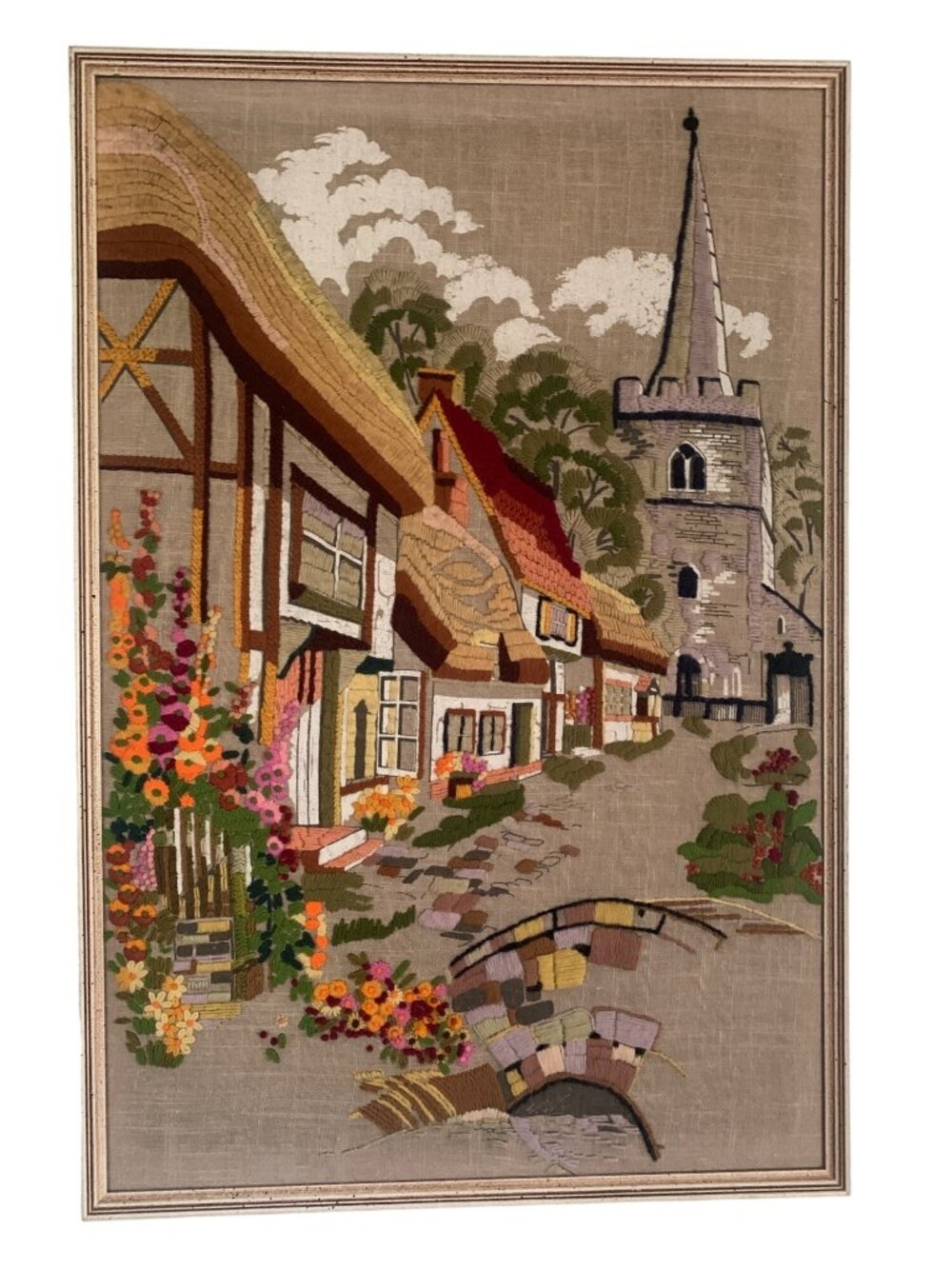 Rustic Village Embroidered Crewel Art 34" x 22" Framed Textile Piece Vtg